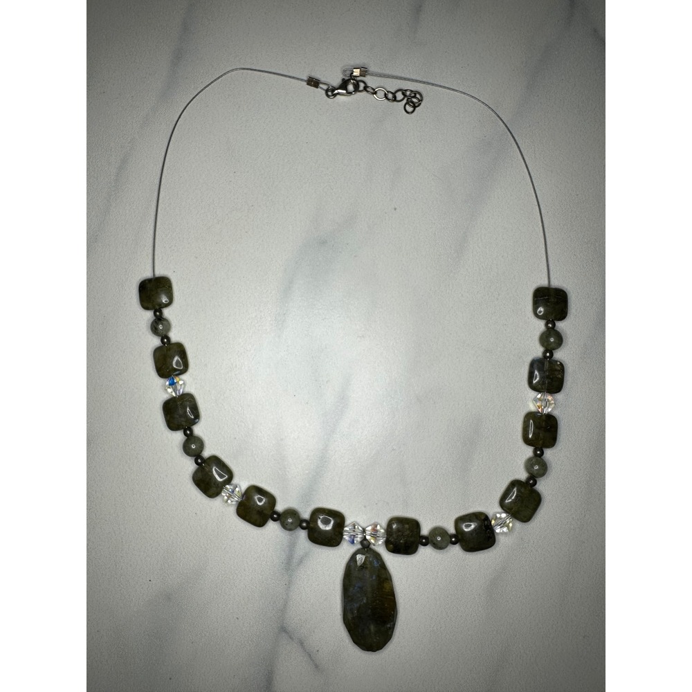 Labradorite Beaded Pendant Necklace 925 Sterling Silver Iridescent Crystal Grey